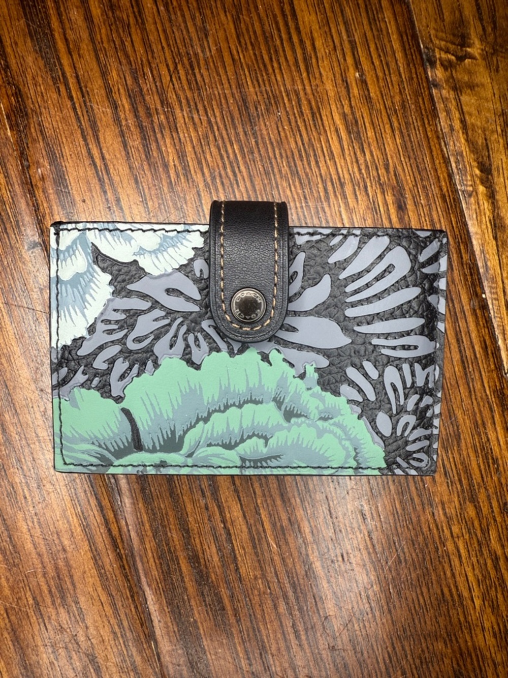 Coach Black Leather Card Wallet with Mint Floral Print